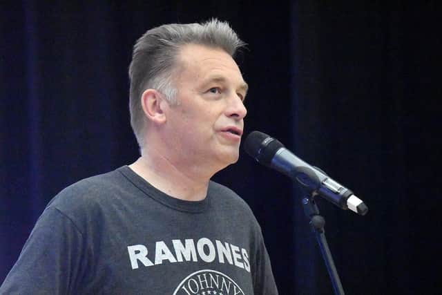 TV presenter and naturalist Chris Packham delivering the  the 2021 STEM lecture to pupils at High Tunstall College of Science.  Picture by Frank Reid