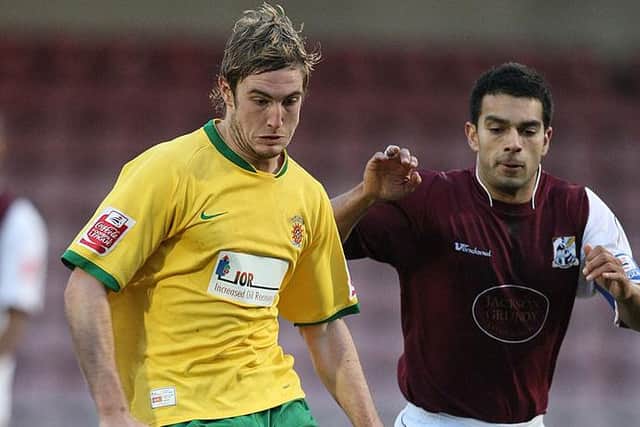 Gary Liddle of Hartlepool United moves away from Jason Crowe of Northampton Town during the Coca Cola League One Match between Northampton Town and Hartlepool United at Sixfields Stadium on January 12, 2008 in Northampton, England. (Photo by Pete Norton/Getty Images)