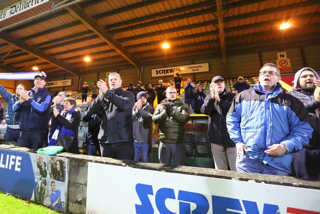 The magnificent 101 travelling Poolies celebrate a 4-1 victory in the FA Cup match between Yeovil Town and Hartlepool United at Huish Park last season. (Credit: Gareth Williams)
