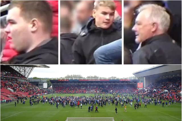 Police want to trace these three people following missile throwing incidents at the end of the Hartlepool United versus Torquay United play-off final in June.