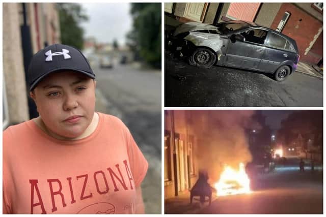 Katie Rees whose Kia Rio (right) was torched in Baden Street, Hartlepool.