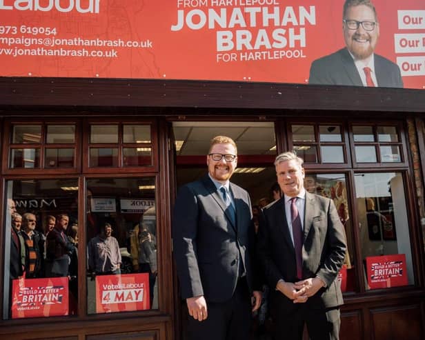 Jonathan Brash (left) with Labour leader Keir Starmer at the new campaign office at 206 York Road, Hartlepool.