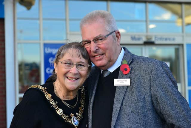 Mayor of Hartlepool Councillor Brenda Loynes outside the University Hospital of Hartlepool with her husband and consort Dennis Loynes. Picture by FRANK REID