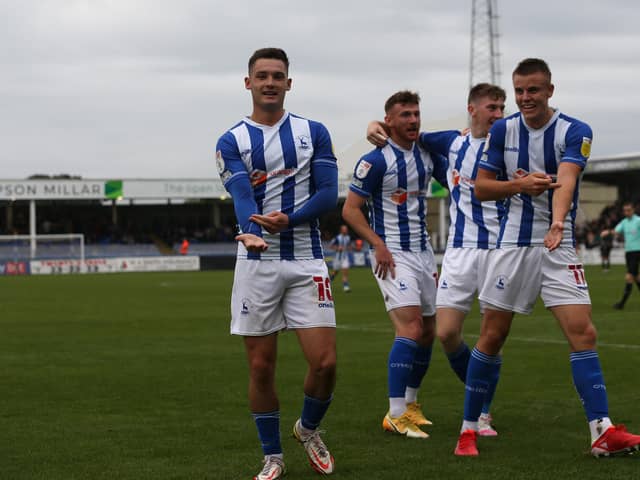 Hartlepool United's Luke Molyneux celebrates with his team mates after scoring their second goal  during the Sky Bet League 2 match between Hartlepool United and Northampton Town at Victoria Park, Hartlepool on Saturday 9th October 2021. (Credit: Mark Fletcher | MI News)