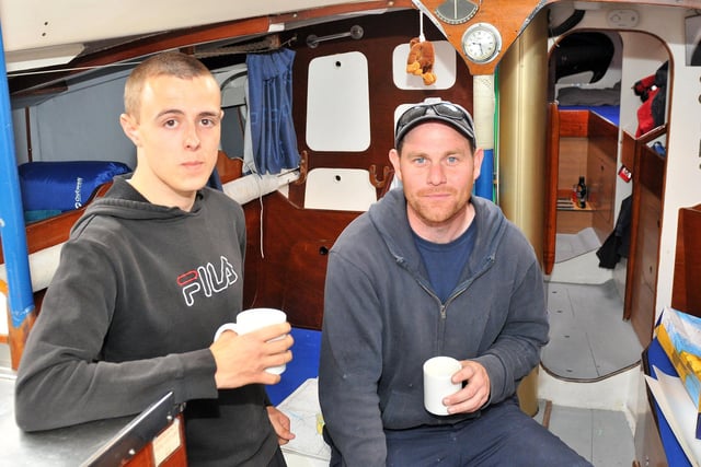 Skipper Calvyn Whitehand (right) has a cup of tea with crew member John Havers-Smith in 2012.