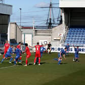 Rhys Oates of Hartlepool United puts his side 1-0 up during the Vanarama National League match between Hartlepool United and Chesterfield at Victoria Park, Hartlepool on Saturday 1st May 2021. (Credit: Chris Booth | MI News)