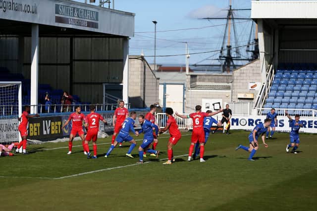 Rhys Oates of Hartlepool United puts his side 1-0 up during the Vanarama National League match between Hartlepool United and Chesterfield at Victoria Park, Hartlepool on Saturday 1st May 2021. (Credit: Chris Booth | MI News)