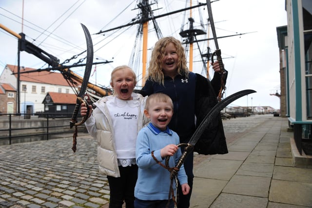 Siblings Coby, Layla, and Ellie Bailey get into the pirate spirit when they visited the exhibition at the National Museum of the Royal Navy Hartlepool on Saturday.