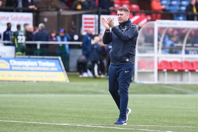 Hartlepool United manager Dave Challinor applauds the fans during the Vanarama National League match between Sutton United  and Hartlepool United at the Knights Community Stadium, Gander Green Lane, Sutton on Saturday 14th March 2020. (Credit: Paul Paxford | MI News) SUTTON, ENGLAND - MARCH 14TH
