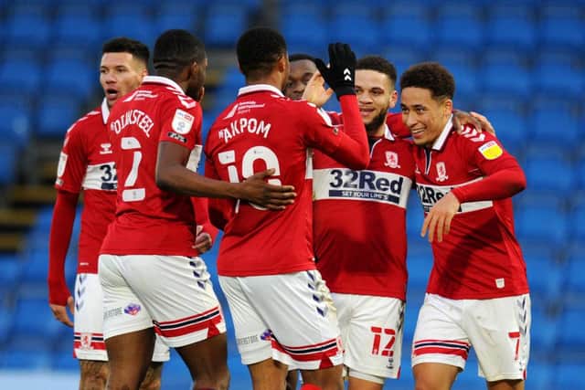 Marcus Tavernier of Middlesbrough celebrates with teammates after scoring against Wycombe.
