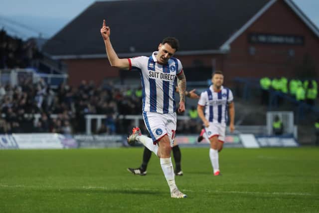 Callum Cooke scored his first goal for Hartlepool United in the FA Cup win over Harrogate Town. (Credit: Mark Fletcher | MI News)