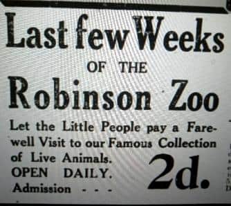 A Northern Daily Mail advert for the zoo at Robinsons.