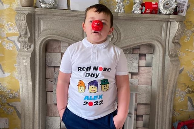 Alex, age 5, with his t-shirt and nose for Comic Relief.