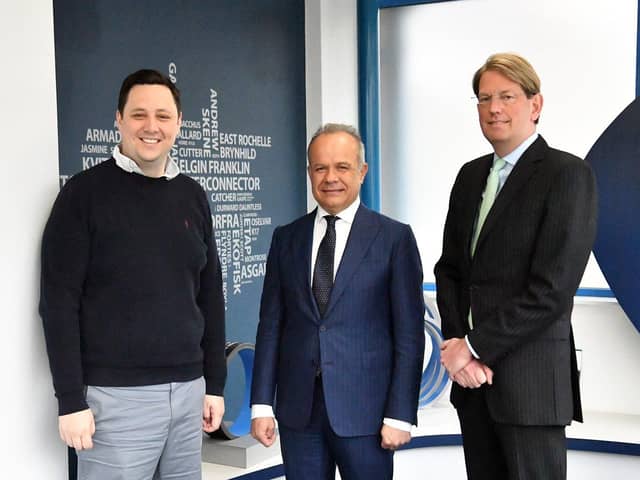 Tees Valley Mayor Ben Houchen (left ) with Toker Ozcan CEO of Liberty Steel (centre) and Jeffrey Kabel  Chief Transformation Officer. Picture by FRANK REID