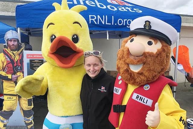 Hartlepool RNLI Sea Safety Officer Jayne Mandeville with RNLI mascot Stormy Stan, right, and the Puddle Ducks mascot Puddle.
