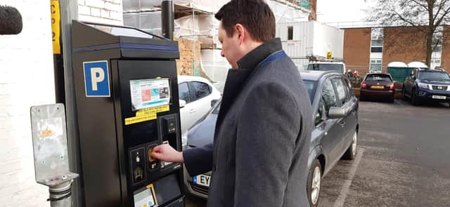Tees Valley Mayor Ben Houchen paying for parking in January, when he announced his re-election pledge to introduce free parking across Hartlepool, Teesside and Darlington.
