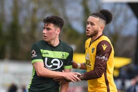 Josh Hawkes of Hartlepool United is watched by Louis John of Sutton United during the Vanarama National League match between Sutton United  and Hartlepool United at the Knights Community Stadium, Gander Green Lane,, Sutton on Saturday 14th March 2020. (Credit: Paul Paxford | MI News)