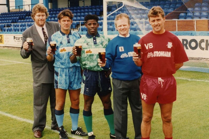 Hartlepool United and Camerons Brewery joined forces for a sponsorship deal in 1993. The club's then owner, Garry Gibson, is pictured far left with the late Lenny Johnrose pictured centre.