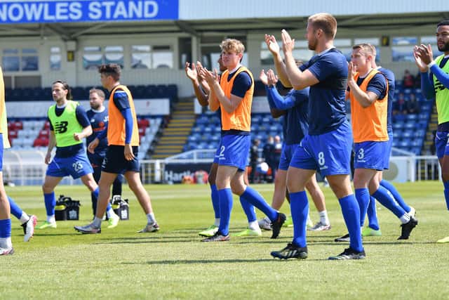 Hartlepool United players applaud their fans. Hartlepool United FC 4-0 Weymouth FC. Picture by FRANK REID