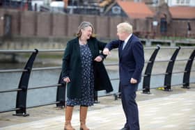 Then Prime Minister Boris Johnson celebrates Jill Mortimer's by-election victory in Hartlepool in May 2021.