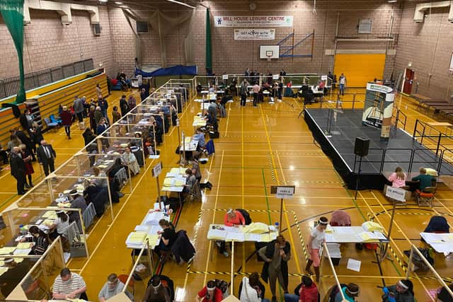 Election officials were shielded by protective screens during Saturday's Hartlepool Borough Council count.