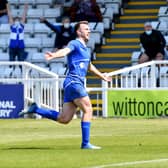 Rhys Oates celebrates his goal in Hartlepool United's victory over Weymouth.