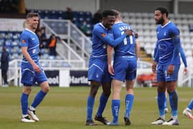 Rhys Oates of Hartlepool United celebrates after scoring their first goal  during the Vanarama National League match between Hartlepool United and Maidenhead United at Victoria Park, Hartlepool on Saturday 8th May 2021. (Credit: Mark Fletcher | MI News)