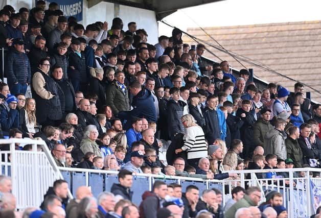Hartlepool United fans in the North West Corner photographed during the 1-0 victory over F C Halifax. Picture by FRANK REID