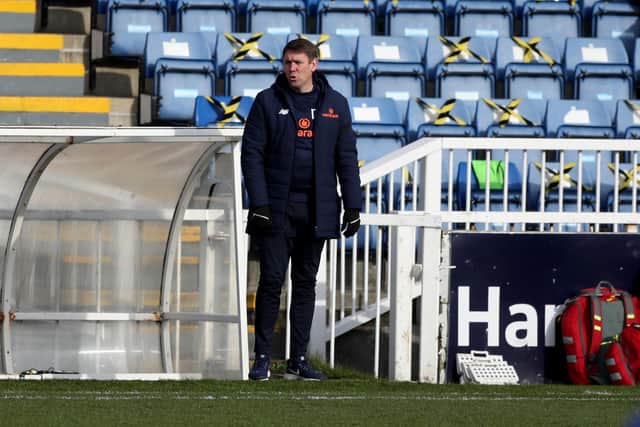 Hartlepool United manager Dave Challinor during the Vanarama National League match between Hartlepool United and Notts County at Victoria Park, Hartlepool on Saturday 10th April 2021. (Credit: Chris Booth | MI News)