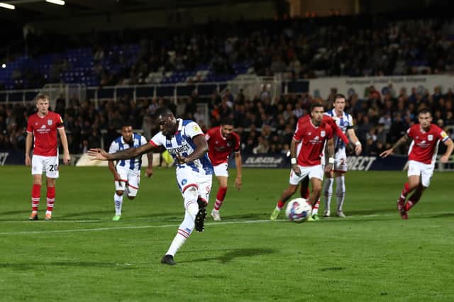 Josh Umerah converted from the penalty spot for Hartlepool United against Crewe Alexandra. (Credit: Mark Fletcher | MI News)
