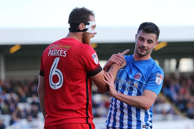 New Hartlepool United signing Tom Parkes, left, has words with Pools striker Padraig Amond while playing for Leyton Orient in 2016. Picture: TOM BANKS