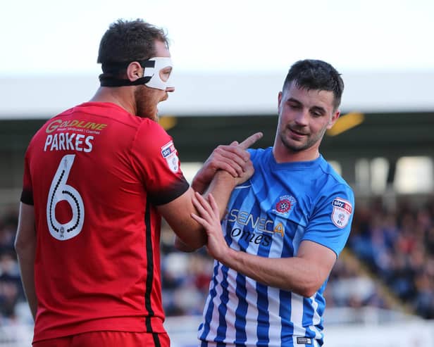 New Hartlepool United signing Tom Parkes, left, has words with Pools striker Padraig Amond while playing for Leyton Orient in 2016. Picture: TOM BANKS