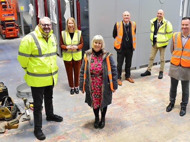 Skills Academy partners look around the soon to be finished Exeter Street annexe which forms part of Hartlepool's new Civil Engineering Skills Academy.(Left to right) Mike Young (leader of Hartlepool Borough Council), Michelle Roberts (Hartlepool College of Further Education) Maxine Craig (Town Deal Board Vice Chair) Darren Hankey (Chairman of Town Deal Board) Paul Taylor ( hartlepool Borough Council)  and Jonathan Gilroy (department for levelling up, Housing and Communities) before they start a tour of the new skills academy at the Hartlepool College of Further Education. Picture by Frank Reid