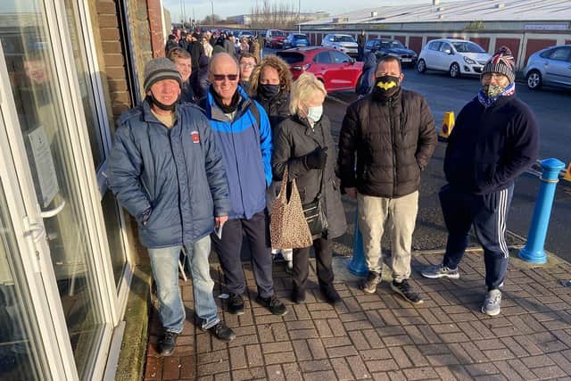 Hartlepool United supporters wait for the doors to open. Picture by FRANK REID