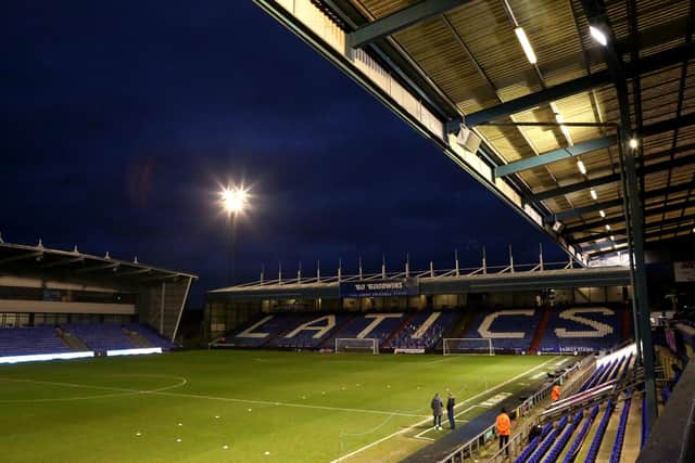 OLDHAM, ENGLAND - FEBRUARY 23: A general view inside the stadium is seen prior to the Sky Bet League Two match between Oldham Athletic and Barrow at Boundary Park on February 23, 2021 in Oldham, England. Sporting stadiums around the UK remain under strict restrictions due to the Coronavirus Pandemic as Government social distancing laws prohibit fans inside venues resulting in games being played behind closed doors. (Photo by Charlotte Tattersall/Getty Images)