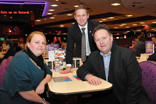 Mecca Bingo general manager, Gavin Lee, stands alongside Katie Usher, from Matalan, and Russ Green, from Hartlepool United Football Club, at the re-launch of the bingo club in 2012.