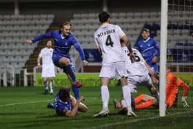 Hartlepool United's Luke Armstrong scores their first goal during the Vanarama National League match between Hartlepool United and Kings Lynn Town at Victoria Park, Hartlepool on Tuesday 8th December 2020. (Credit: Mark Fletcher | MI News)