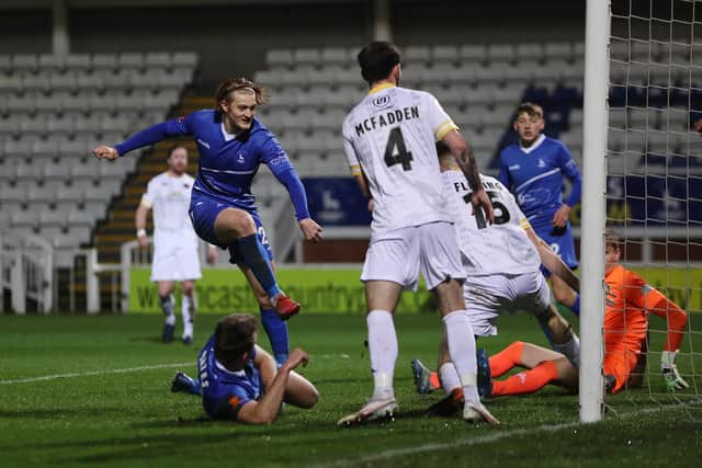 Hartlepool United's Luke Armstrong scores their first goal during the Vanarama National League match between Hartlepool United and Kings Lynn Town at Victoria Park, Hartlepool on Tuesday 8th December 2020. (Credit: Mark Fletcher | MI News)