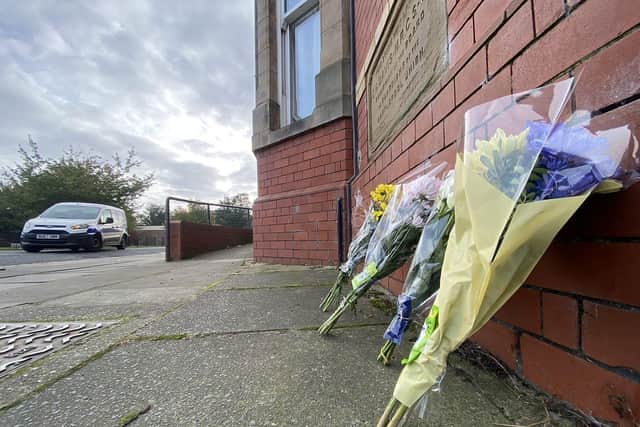 Flowers placed at the junction of Raby Road and Tees Street, Hartlepool, in memory of Terrence Carney following his alleged murder.