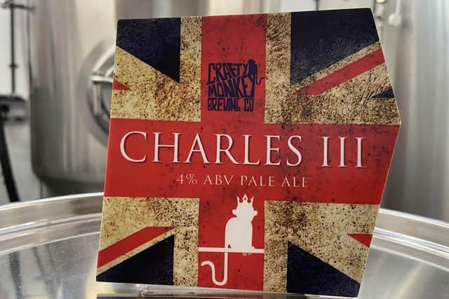 The pump clip from the new Charles III beer. Picture by FRANK REID