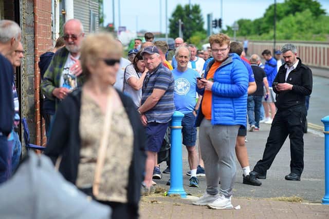 Hartlepool United supporters waiting outside of the Victoria Park to collect their Play Off Final tickets. Picture by FRANK REID