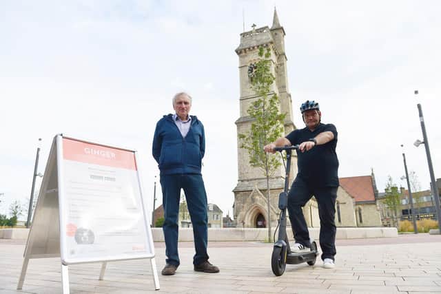 Peter Gowland (left) and Marty Fishwick at the launch of the Electric Scooter Scheme, in Church Square. Picture by FRANK REID