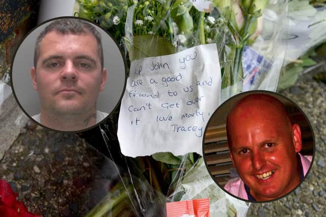 Marty Bates, left, has been sentenced for the murder of his friend John Littlewood. He and his partner, who was cleared of the same charge, left flowers in tribute to their pal as news spread of his tragic death.