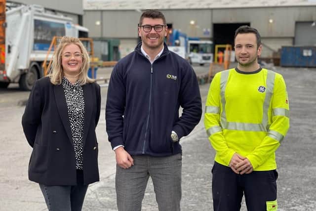 Left to right: Sarah McPhie, of Feeding Families; Charlie Payne of J&B Recycling and Joe Colligan of GE Renewable Energy at the Hartlepool facility.