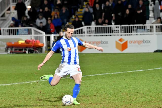 Jamie Sterry scored the winning penalty as Hartlepool United booked their spot in the semi-final of the Papa John's Trophy. Picture by FRANK REID