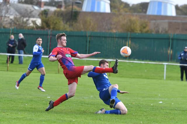 FC Hartlepool, red, in action at home to Horden CW last weekend. Photo by Kevin Brady.