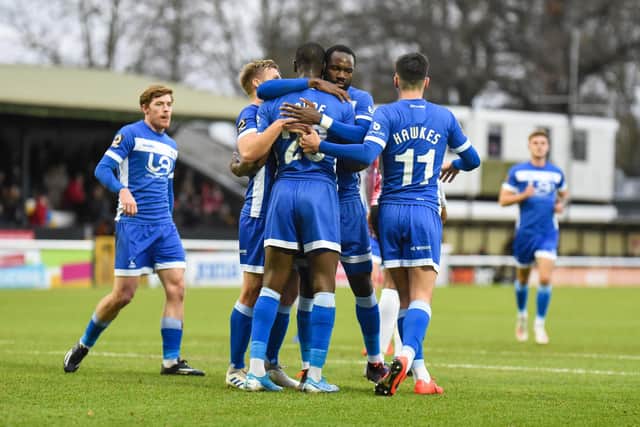Gime Toure of Hartlepool United celebrates scoring their first goal during the Vanarama National League match between Woking and Hartlepool United at the Kingfield Stadium, Woking on Saturday 7th December 2019. (Credit: Paul Paxford | MI News)