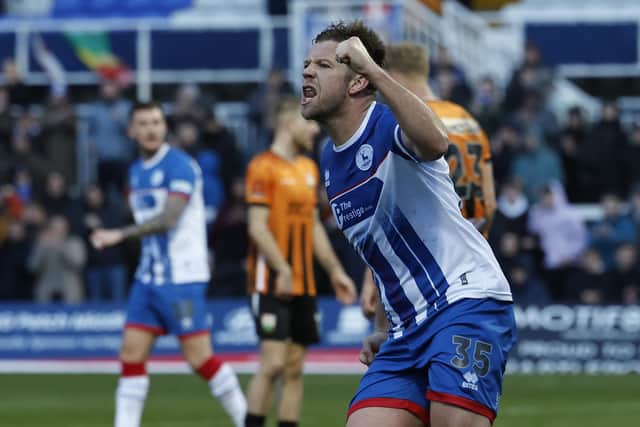 Nicky Featherstone of Hartlepool United celebrates after scoring their consolation goal against Barnet on Saturday. Photo: Mark Fletcher | MI News.