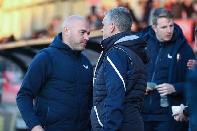Hartlepool United manager John Askey and Salford City head coach Neil Wood ahead of the League Two fixture at the Peninsula Stadium. (Photo: Chris Donnelly | MI News)