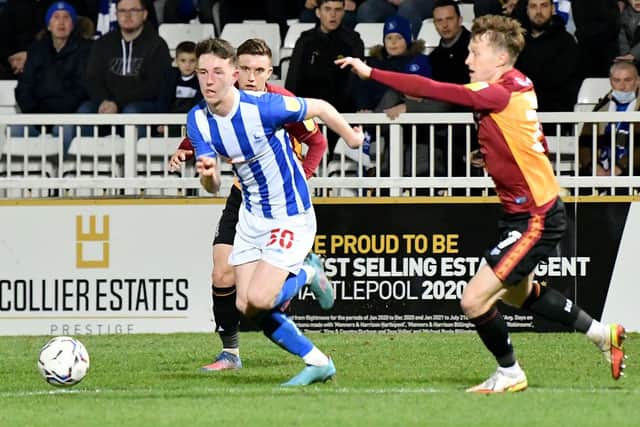 Joe White picked up an ankle injury during Hartlepool United's defeat to Bradford City on Tuesday. Picture by FRANK REID